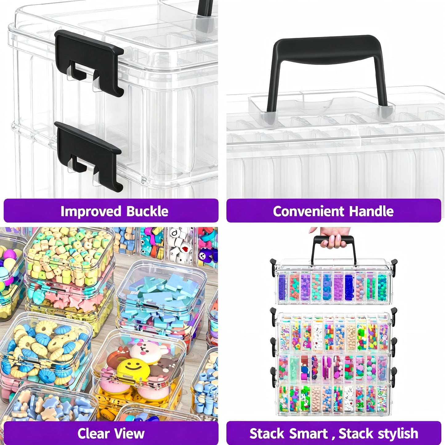 VANSUNS Bead Organizer Box 120 Pcs, 4-Tier Large Capacity Stackable Bead Storage Containers, Portable Plastic Craft Organizers for Jewelry Making, Bracelets, DIY, Nail Art Charms