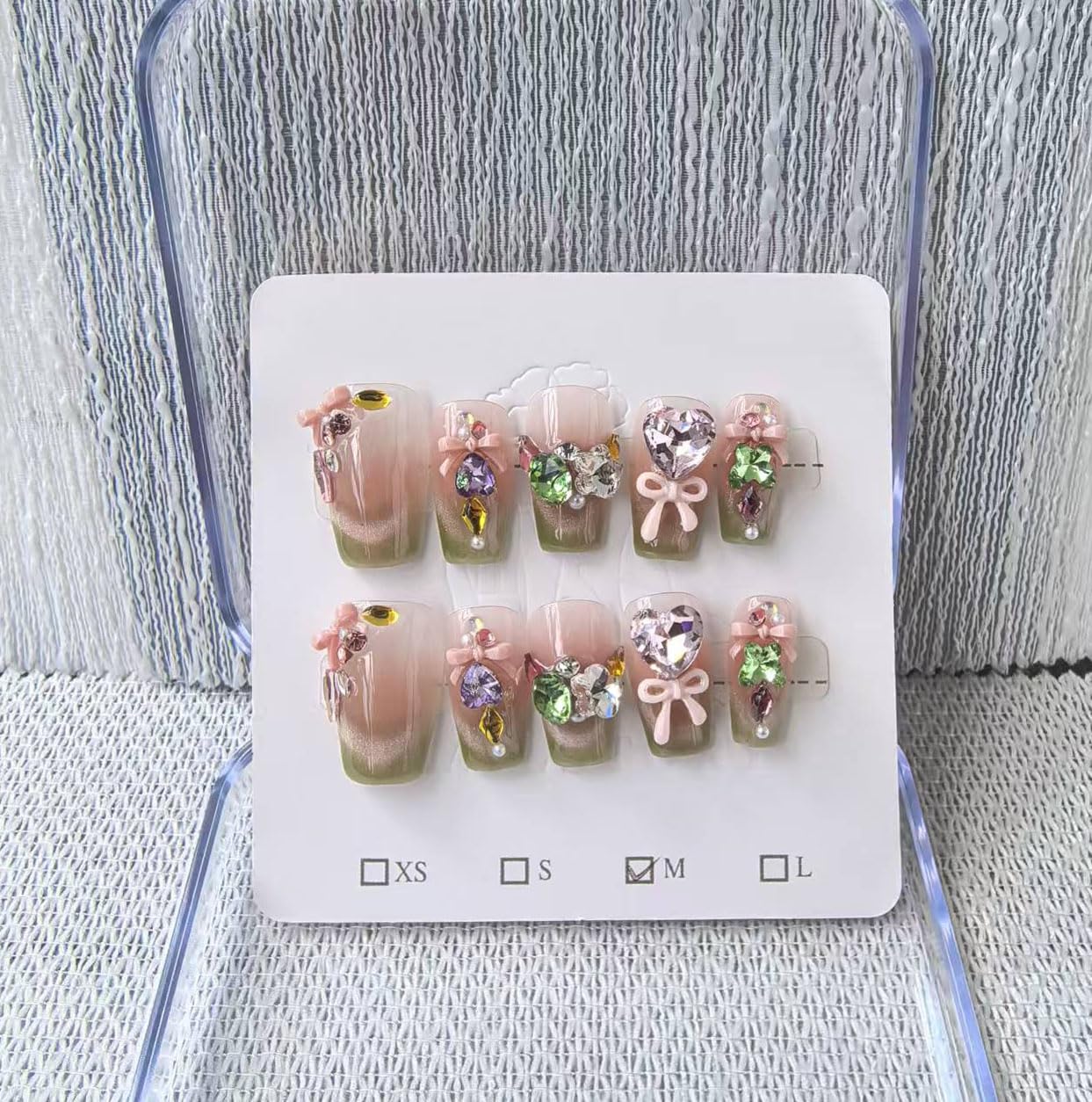 Handmade Press on Nails Long Coffin False Nails Green French Tip with 3D Rhinestones Designs Charm Cute luxury Sparkly Acrylic Nails for Women (Size M）10pcs