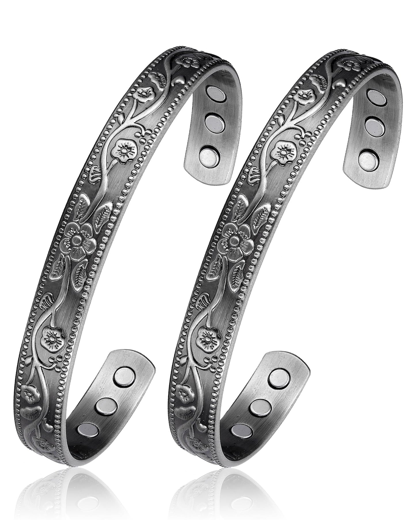 BioMag 2 Pcs Magnetic Copper Bracelets for Men, 99.99% Pure Copper Cuffs with 3500 Gauss Magnets, Adjustable Size, Intricate Floral Pattern, Antique Silver