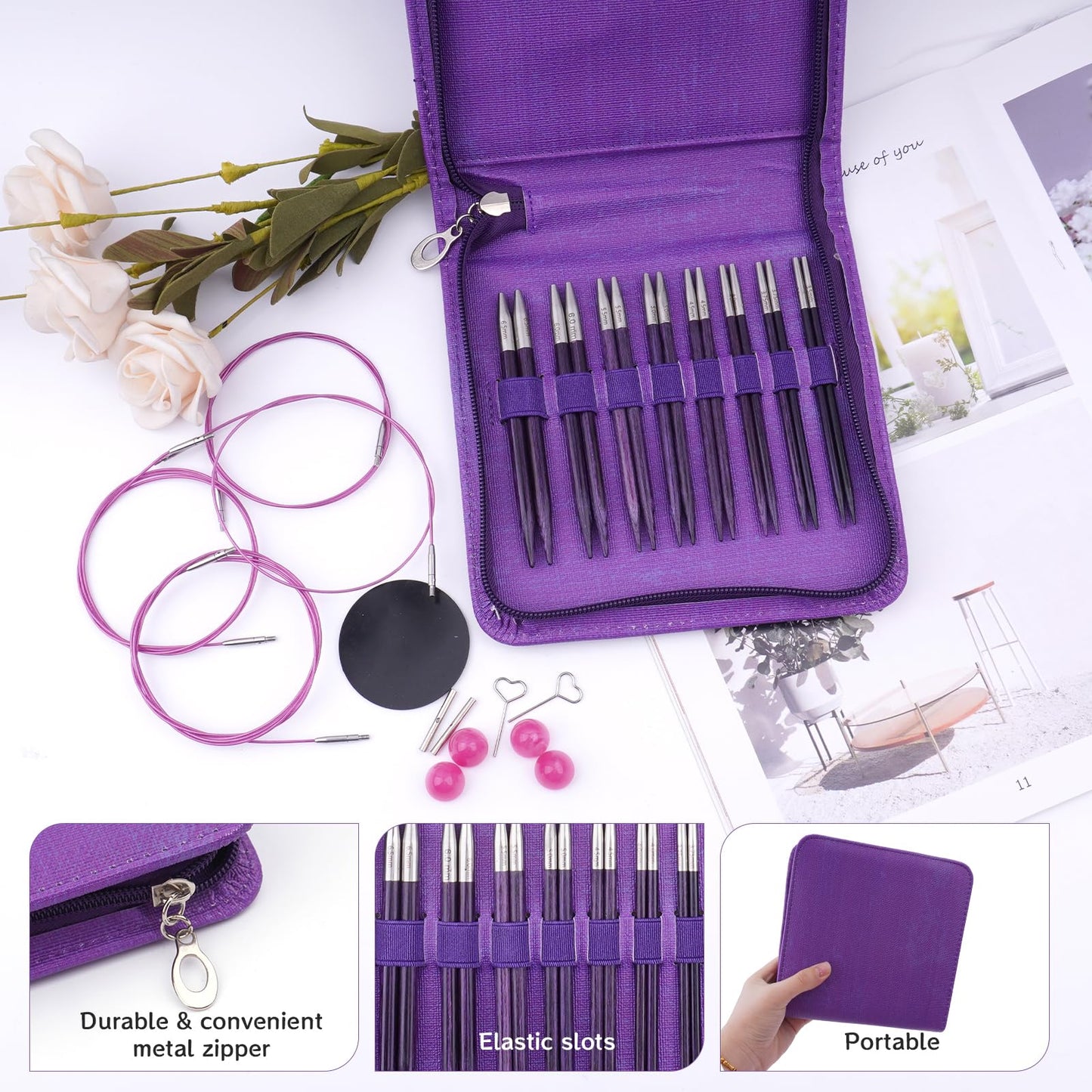 BsHooker Interchangeable Circular Knitting Needles Set with Case,3.5mm-6.5mm Birch Wood Knitting Needles Set with Cables,Complete Accessories