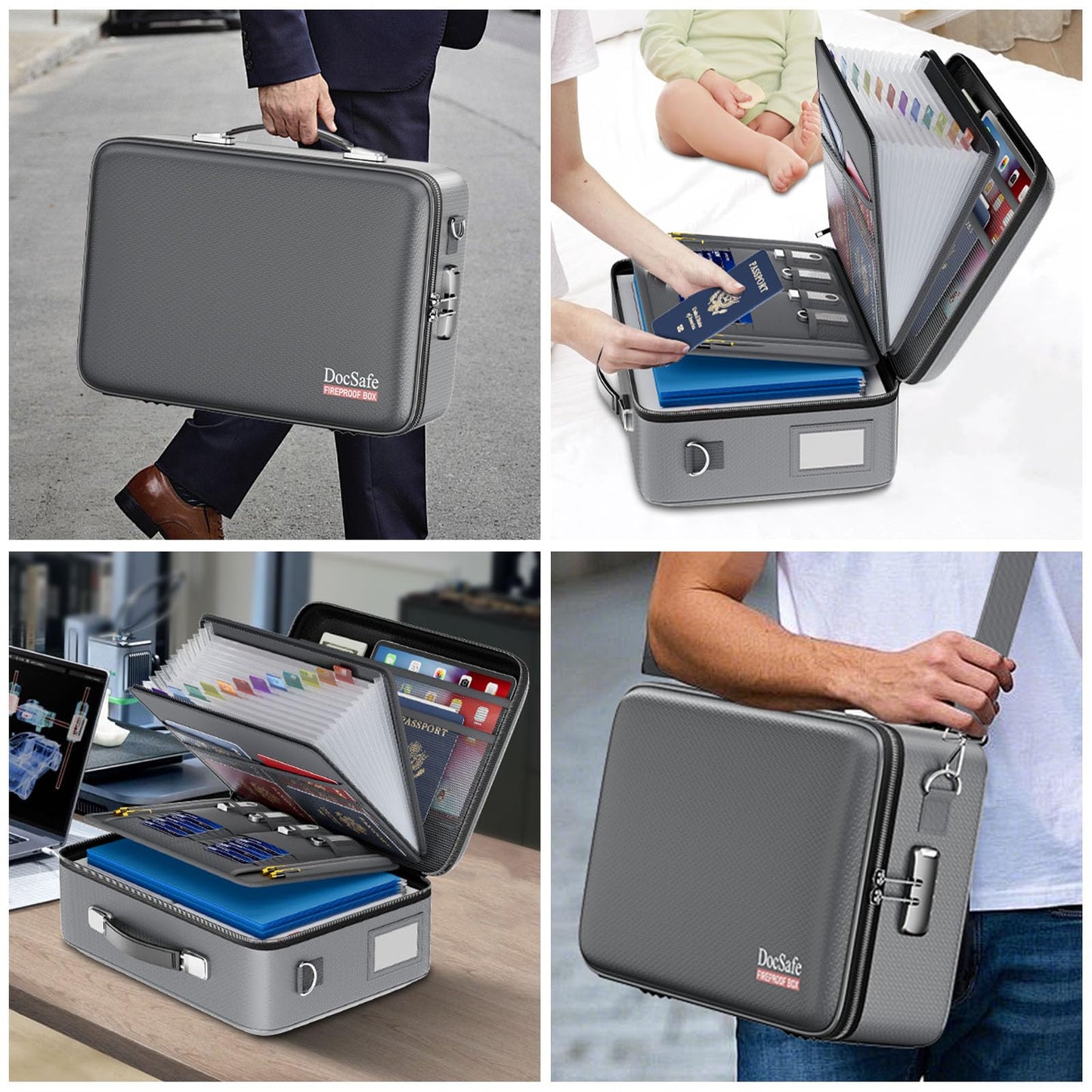 DocSafe Fireproof Document Box with Lock＆Shoulder Strap,Hard Case File Organizer with Accordion File Folder,Multi-Layer Portable Home Office Travel Safe Storage for Important Documents Laptop Gray