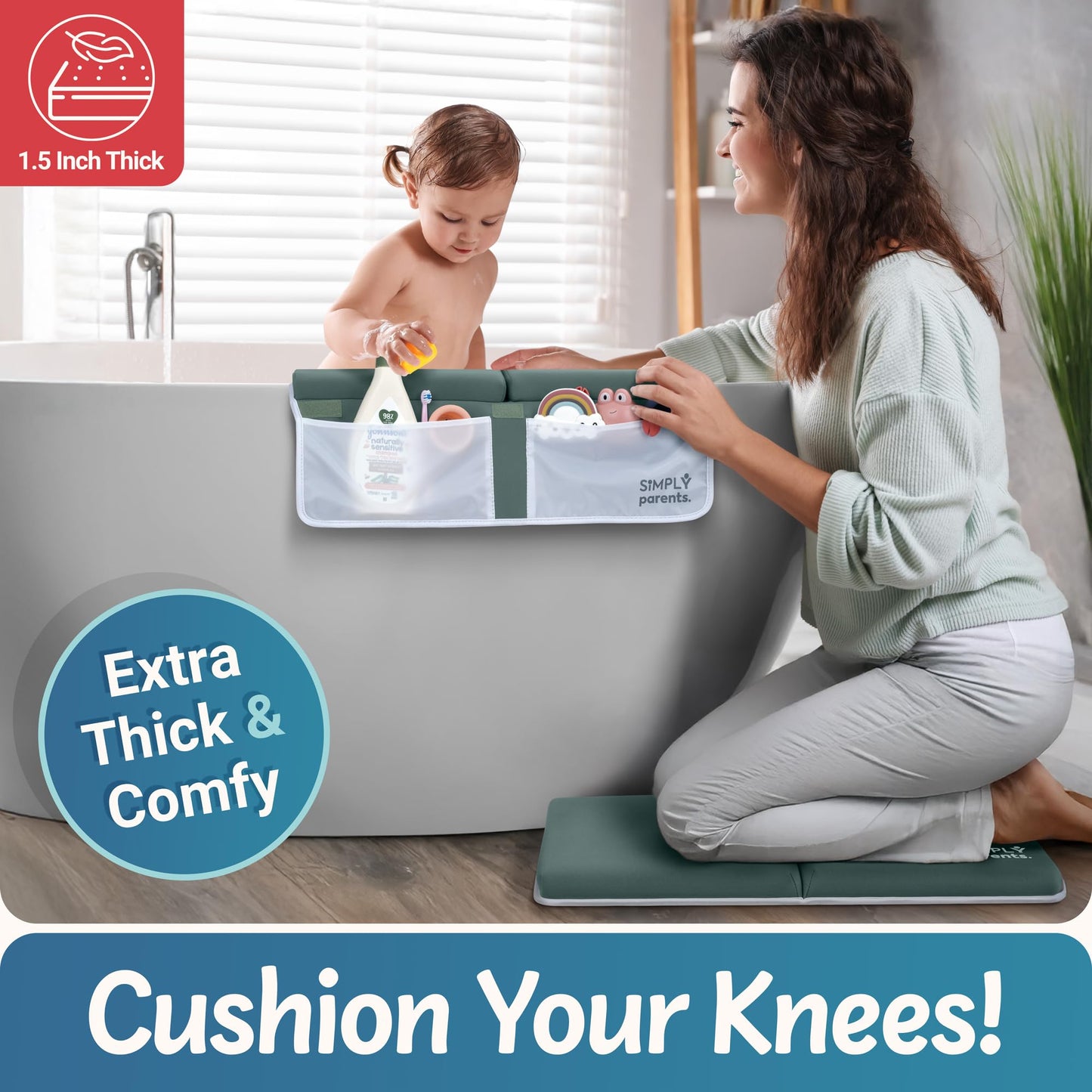 Baby Bath Kneeler and Elbow Rest Pad Set - Quick-Dry, Non-Slip Kneeling Pad for Bathing Toddler, Toy Organizer Pockets, Gift Box, Accessories for Tub, Green