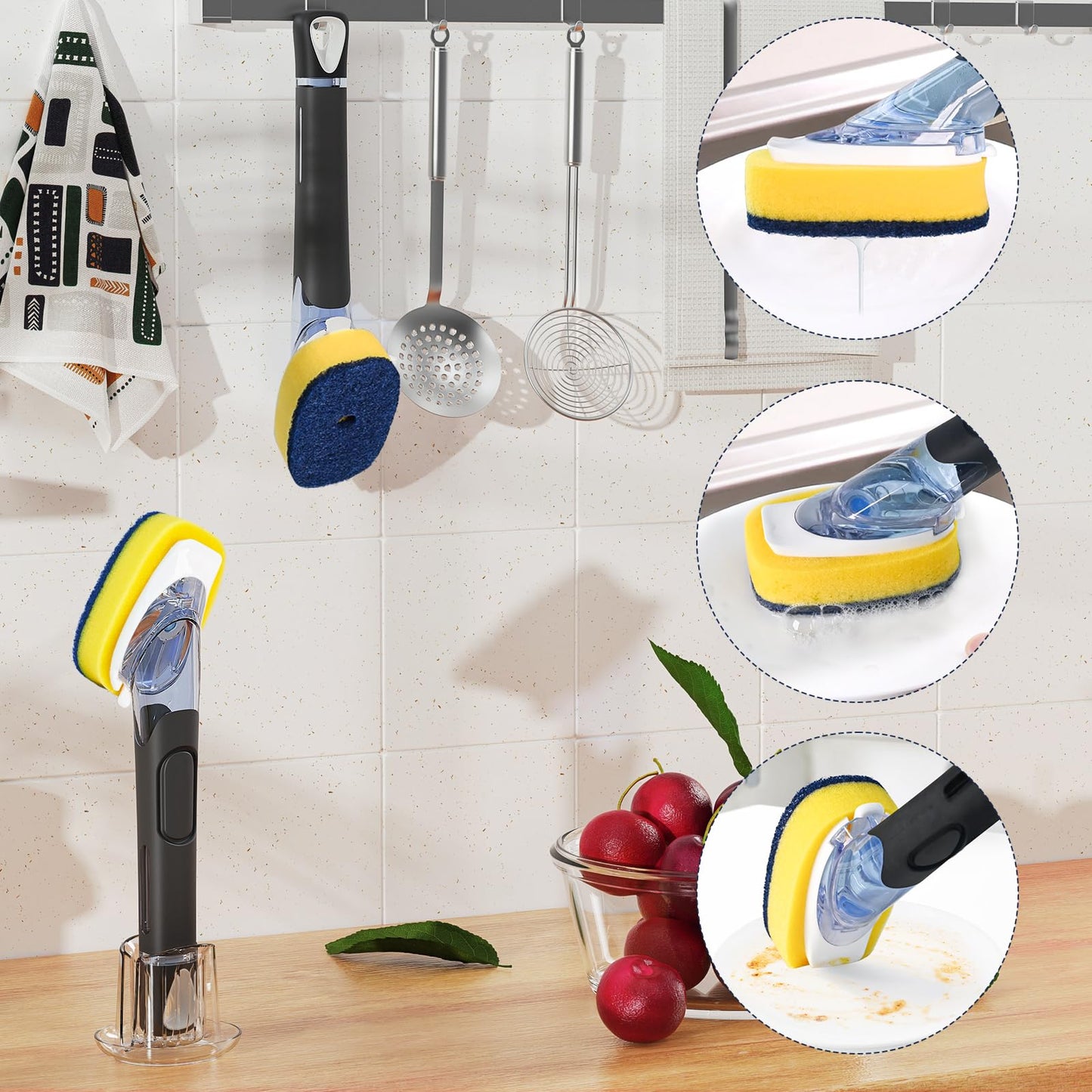 Dish Brush with Soap Dispenser Storage Set with 2 PCS Sponge Refills & Holder, Soap Dispensing Dish Brushes, Sponge with Soap Dispenser Handle, Dish Sponges with Handle for Dishes Pans Pots Sink