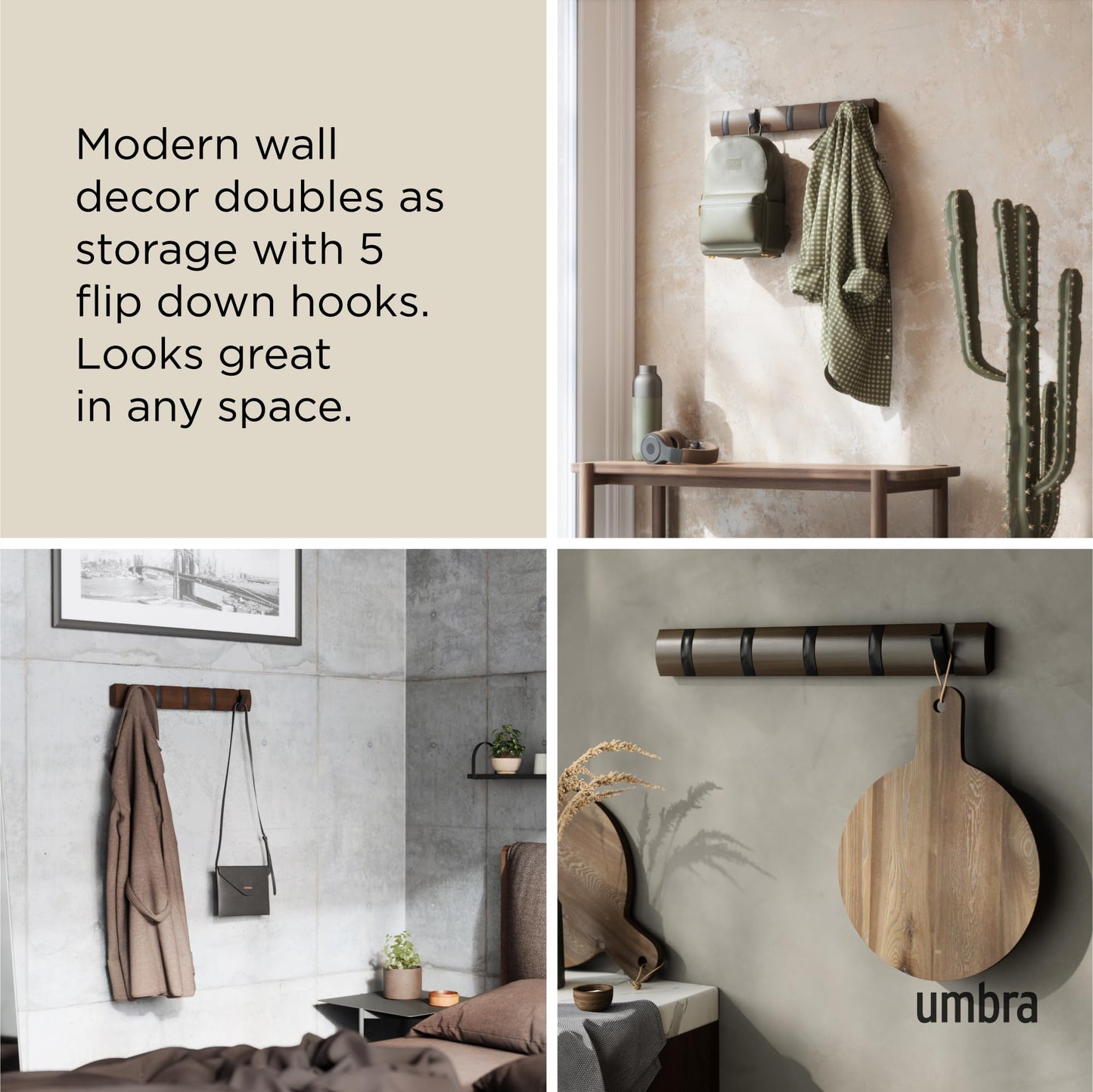 Umbra Flip Wall-Mounted Coat Rack with 5 Hooks – Modern, Space-Saving Storage for Hats, Jackets, Bags, Entryway, Mudroom, Closet, Bathroom, Bedroom – Black/Walnut