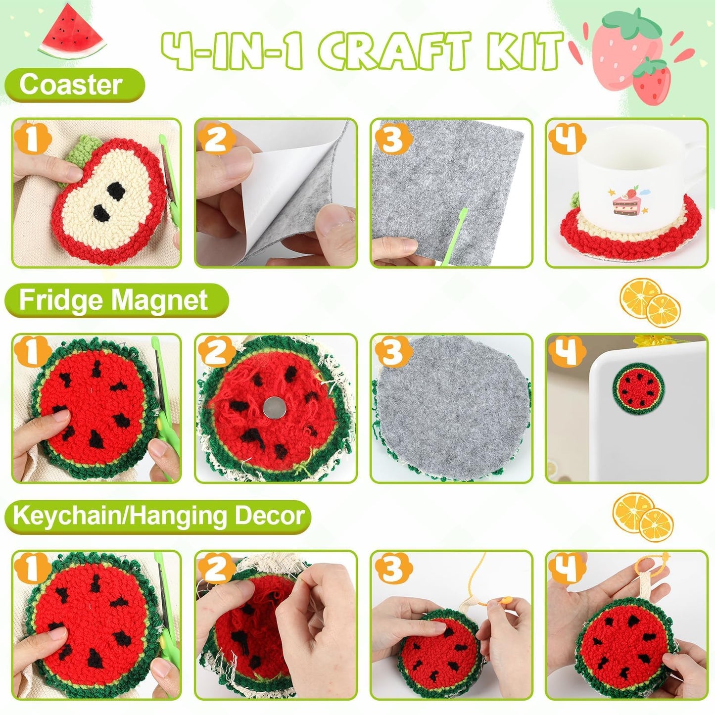 Justforjoyful 6 Set Punch Needle Embroidery Coasters Craft Kits Punch Needle Refrigerator Magnets Kit Tool Threader Fabric for Christmas Winter Beginners Adults DIY Handmade Gifts Party(Fruit)