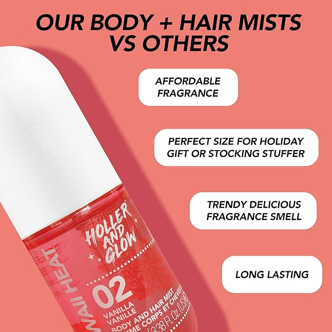 Holler and Glow Hawaii Heat Body & Hair Mist, Warm Vanilla, Peony & Amber Scent, Long-Lasting Daily Fragrance, Lightweight, Vegan, Cruelty-Free, Alcohol-Free, Hydrating Hair Perfume, 8.11 Fl Oz