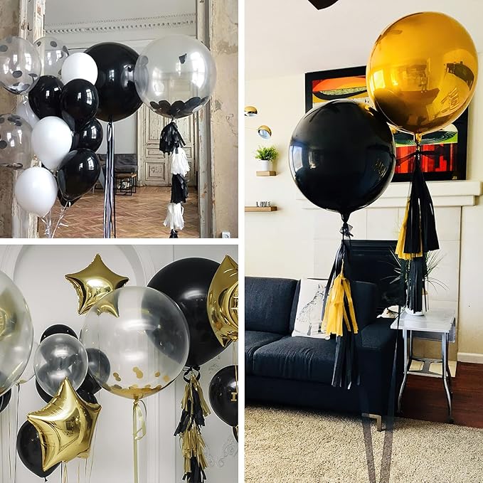 PartyWoo Black Foil Balloons 6pcs 22 Inch Large Round Foil Big Giant 4D Jumbo Inflatable Mirror Ball Mylar Balloons for Halloween Graduation Birthday Retirement Anniversary Party Decorations
