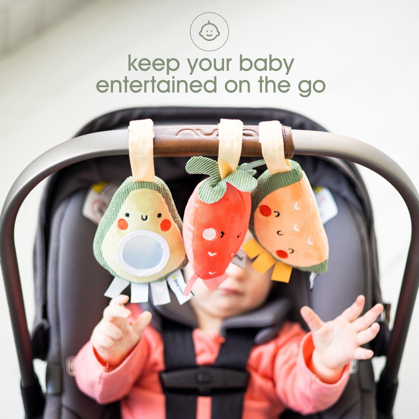 Pearhead Fruit Stroller Toys, Stocking Stuffers for Babies, Newborn Ideas, Plush Interactive Toy Set for Baby Car Seat with Hanging Mirror, Strawberry Avocado Watermelon, Set of 3