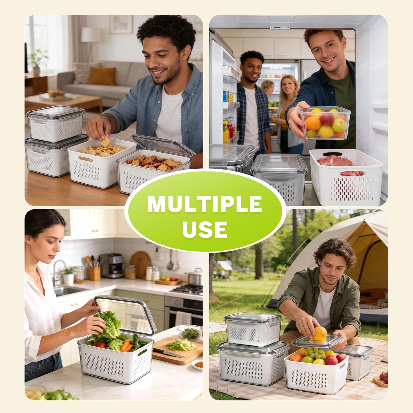 HOMETALL 5 Pack Fruit Storage Containers for Fridge, Plastic Fruit Containers for Fridge with Removable Colanders, Leakproof Fridge Organizers and Storage for Berry Vegetable Salad Lettuce Meat Food