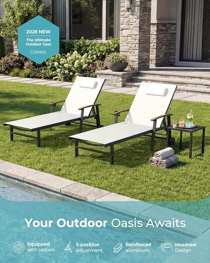 Ciokea Outdoor Lounge Chair with Pillow Set of 2, 5-Position Aluminum Chaise Lounge with Wheels & Armrests, 400 lbs Heavy Duty Patio Pool Chair for Backyard, Deck, Beach & Poolside, White