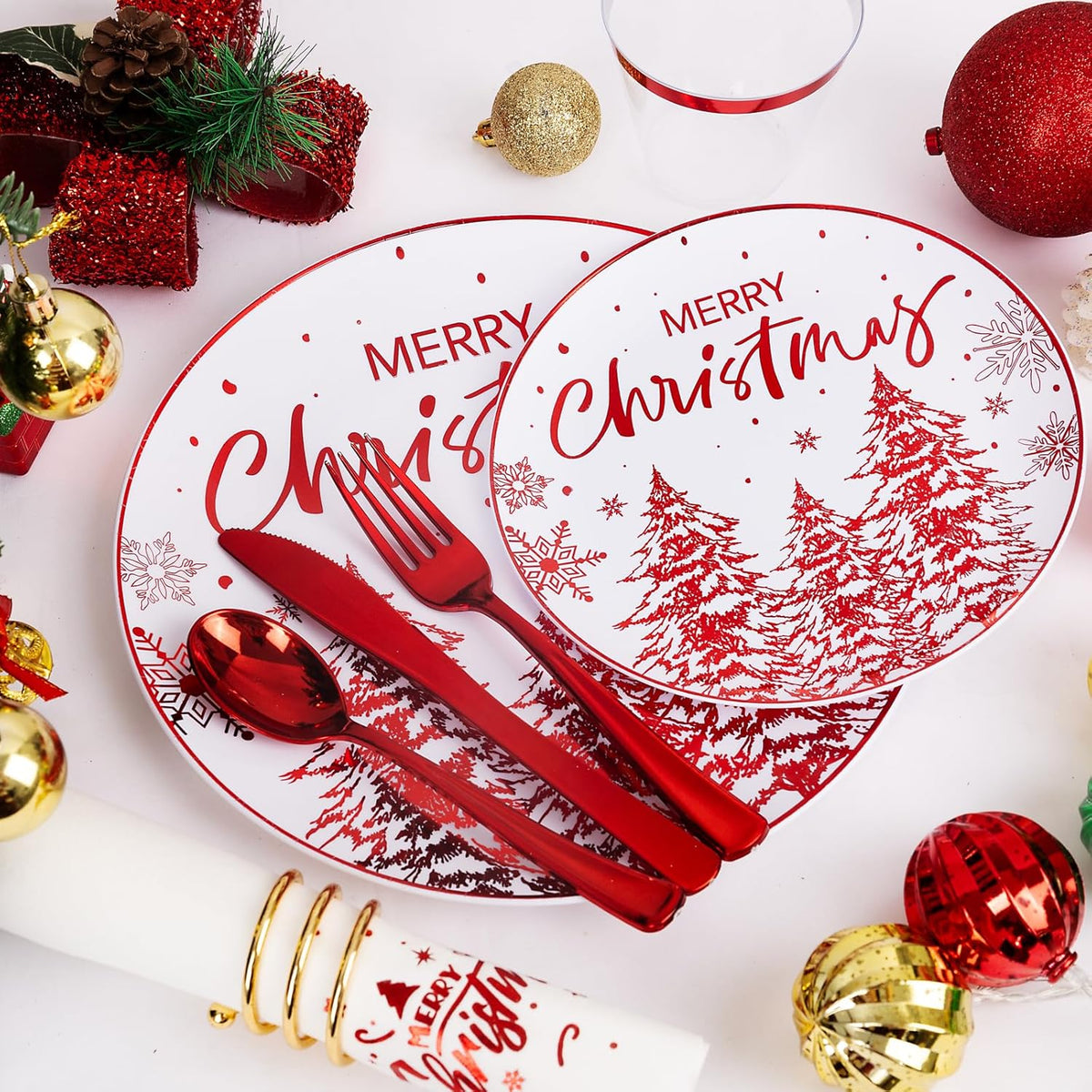 Rubtlamp 175 Pcs Christmas Plastic Plates And Napkins, Christmas Plates Disposable, White And Red Plastic Dinnerware Include 25Dessert Platos, 25Dinner Platos, 75 plastic cultery, 25Cups, 25Napkins