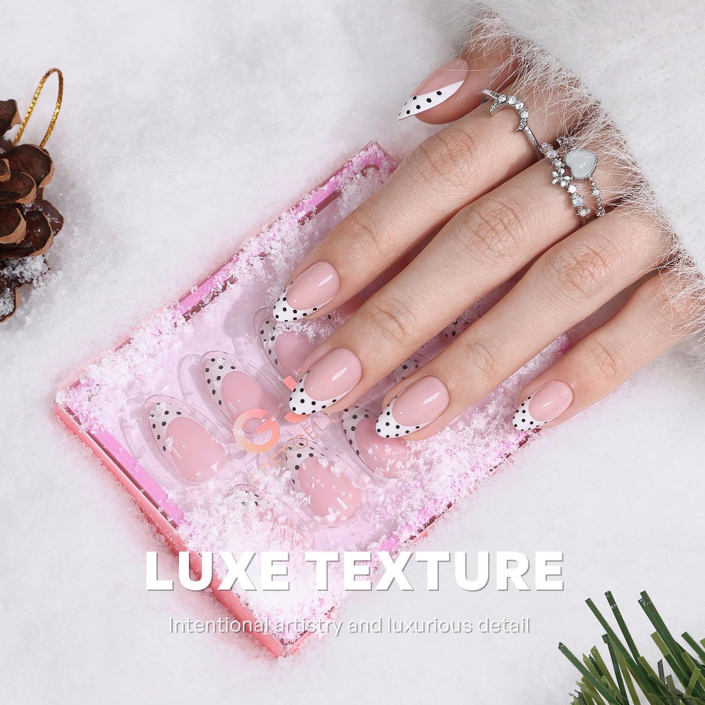 White French Tip Polka Dots Press on Nails Medium Almond - GJZEZ Soft Gel Black Dots on a Crisp White Base Fake Nails for Women, Cute Natural Reusable Glue On Nail in 16 Sizes - 32PCS, Playful Dotted
