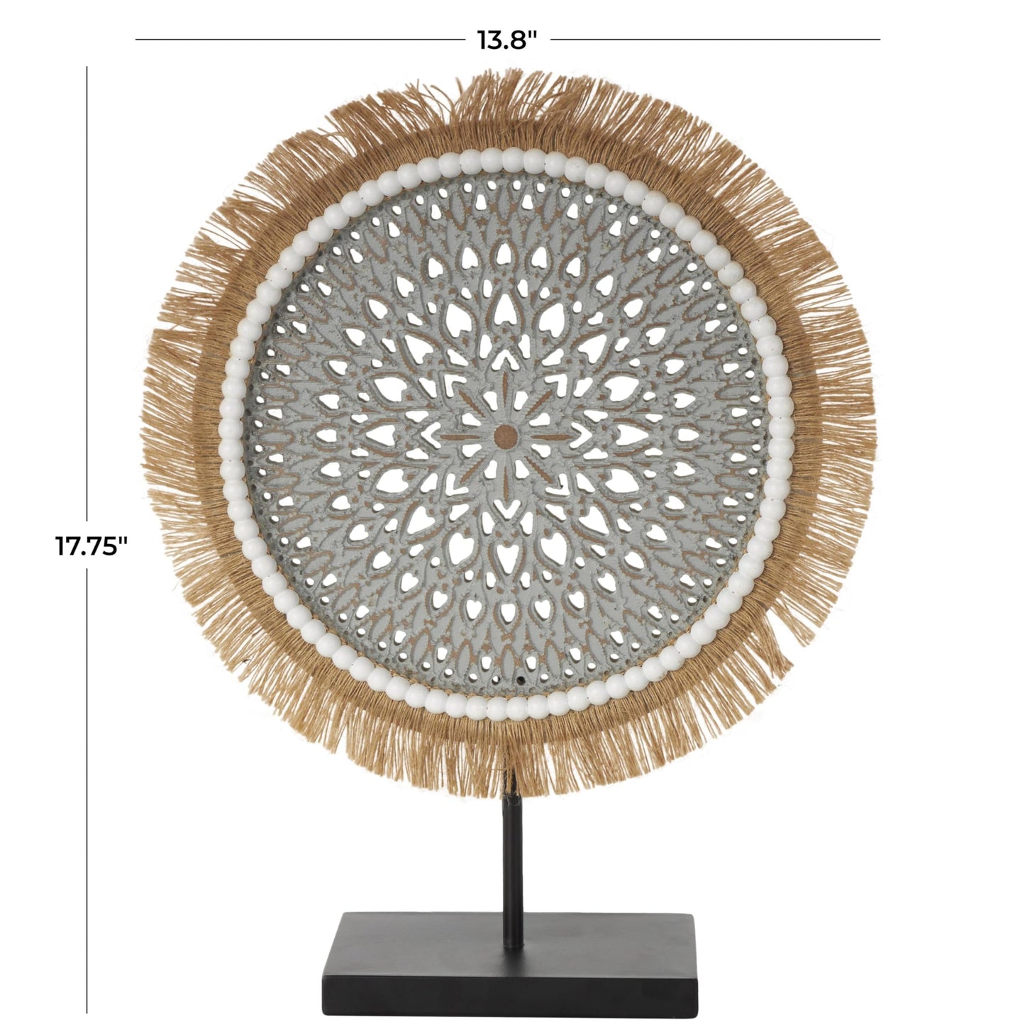Deco 79 Wooden Tribal Handmade Decorative Sculpture Seagrass Fringed Home Decor Statue with Black Base, Accent Figurine 14" x 4" x 18", Gray