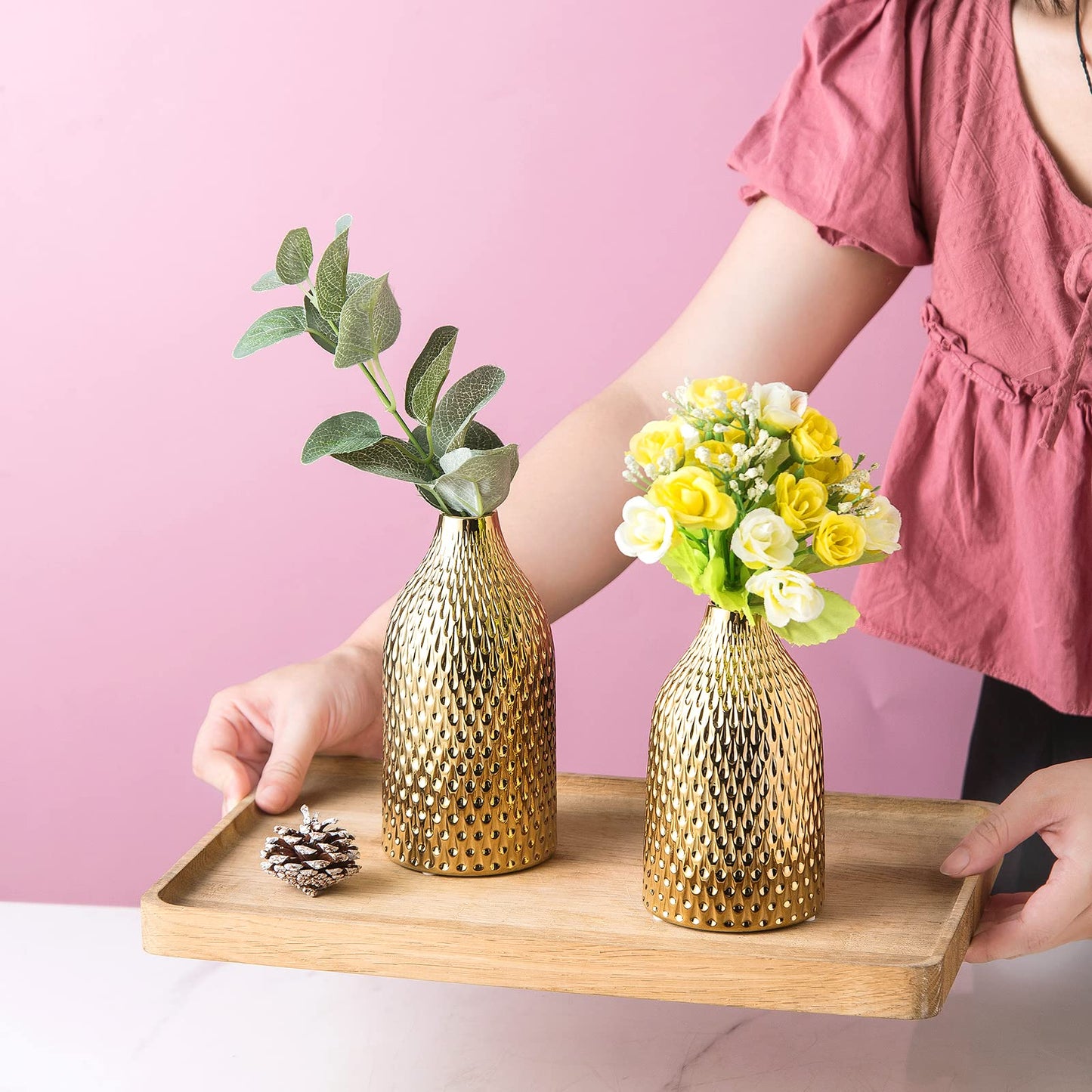 Ceramic Vase Set - 3 Small Vases, Luxurious Home Decor, Great for Centerpieces; Ideal Shelf Décor, Table Décor, Bookshelf, Mantle, Entryway- Gold