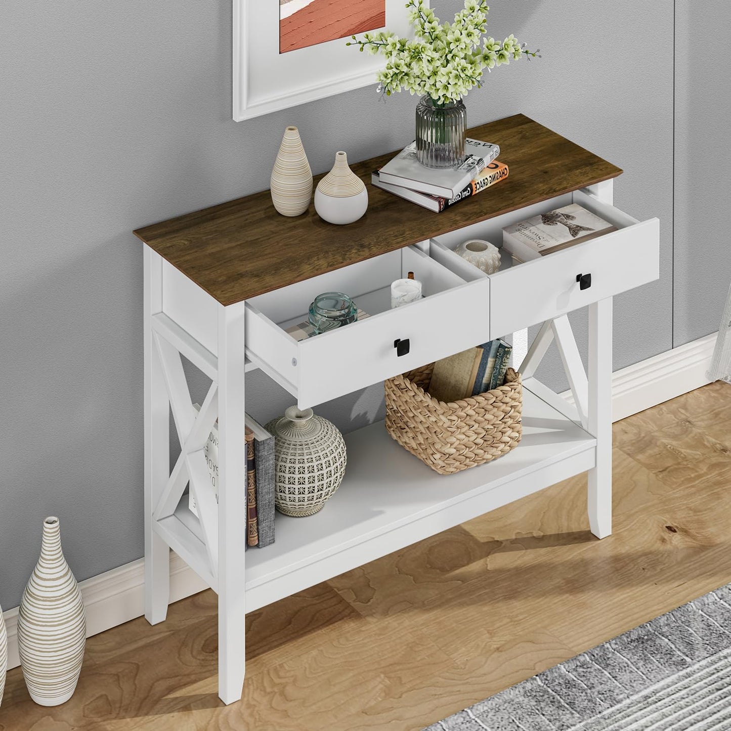 Lomojo Console Table,Sofa Table 13.8" D x 39.37" W x 31.5" HEntryway Table with 2 Drawers Storage Shelve Foyer Table for Entryway Farmhouse Hallway Tables (White)