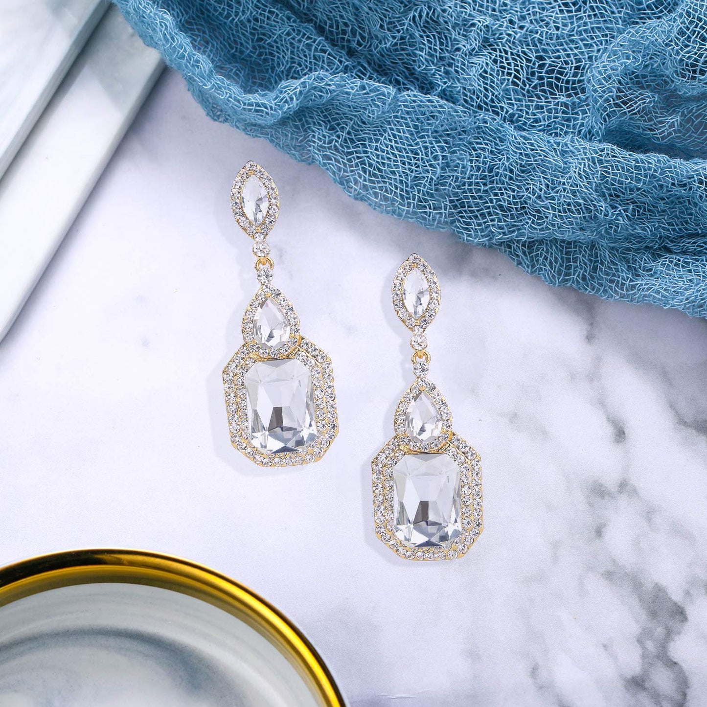 BriLove Dangle Earrings for Women Wedding Bridal Emerald Cut Crystal Infinity Figure 8 Chandelier Jewelry Clear