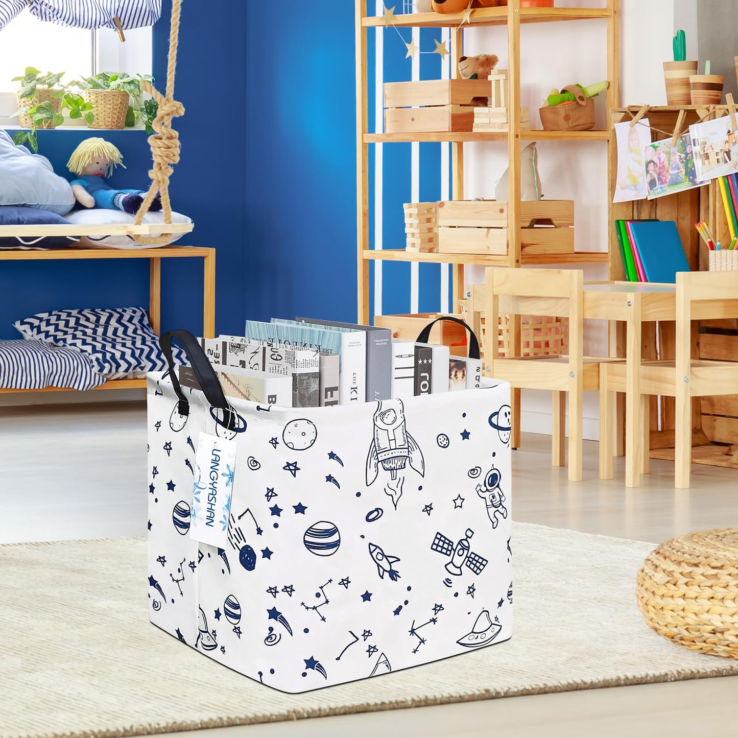 LANGYASHAN Square Storage Baskets Waterproof Canvas Children Laundry Nursery Hamper for Shelves Gift Baskets Toy Organizer Room Decor (Square spaceship)
