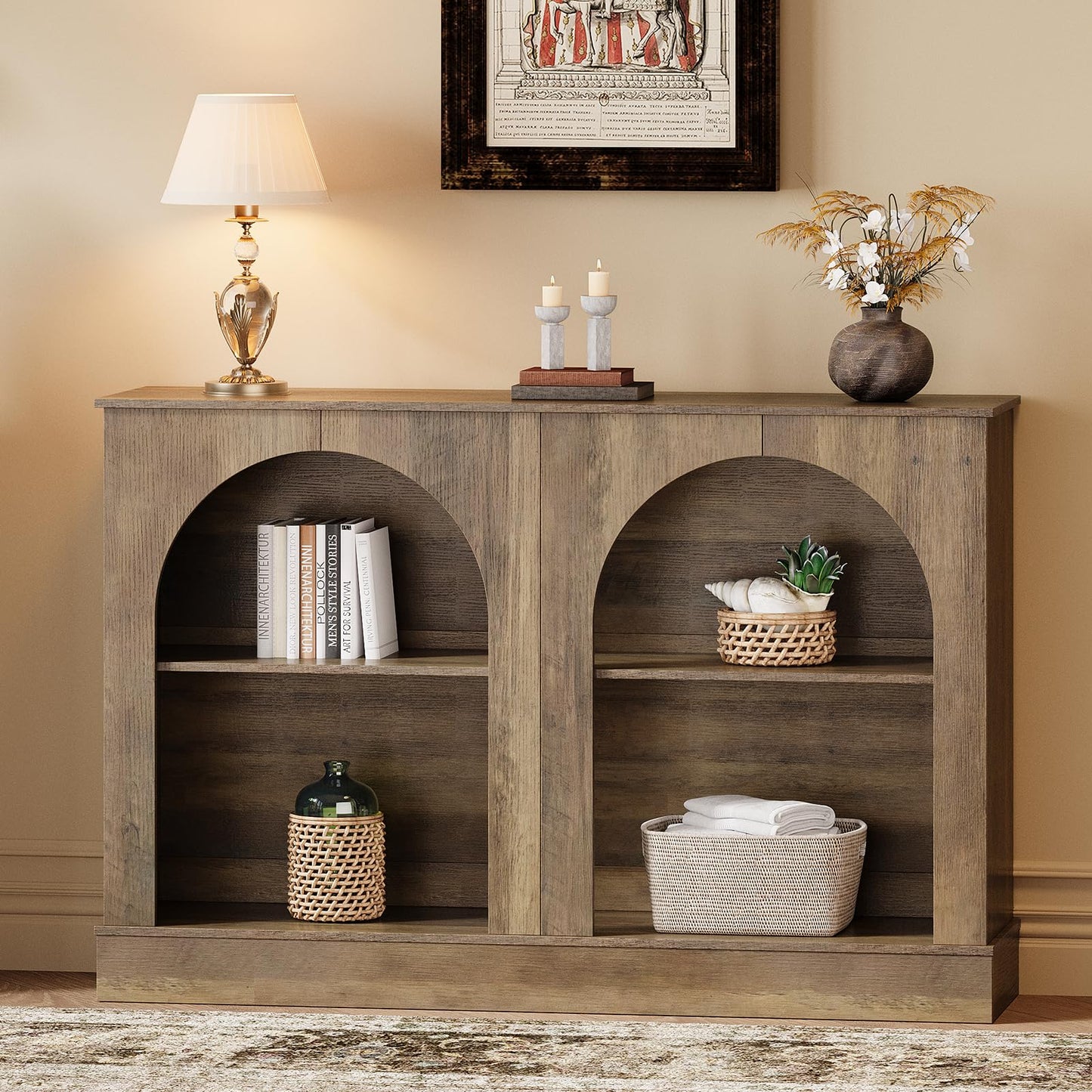 GiftGo Farmhouse Console Table 47-Inch Narrow Entryway Table with 3 Tier Storage, Wooden Rectangular Sofa Table Behind The Couch for Entrance, Hallway, Living Room,Elegant Arch (Rustic Brown, L-47)