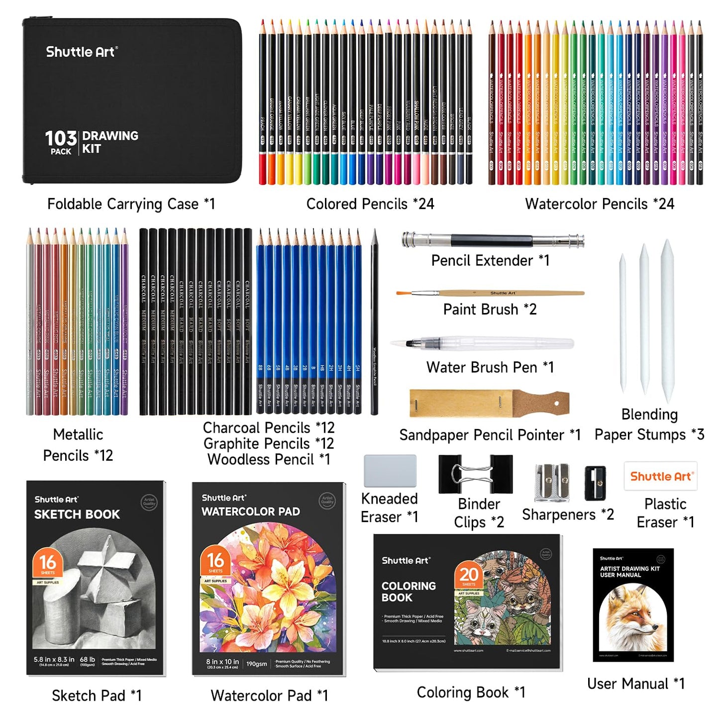 Shuttle Art 103 PCS Drawing Kit, Professional Drawing Supplies with Sketch, Charcoal, Colored, Graphite, Pastel Pencils & Sticks, Complete Drawing Tools and Paper Pads in Zipper Case for Artists&Kids