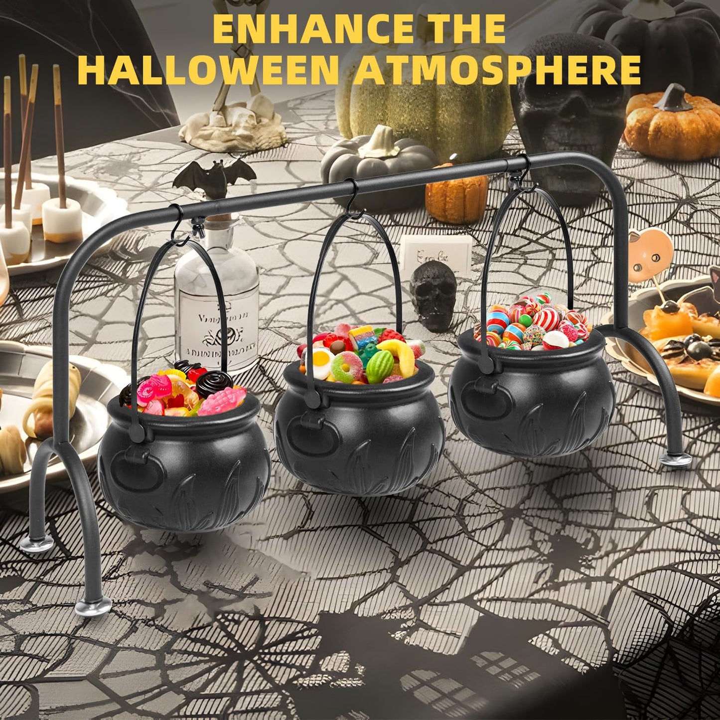 inin Easter Party Decorations Indoor,Set of 3 Witches Cauldron Candy Serving Bowls With Rack, Easter Candy for Kids, Halloween Party Supplies,Black Plastic Candy Cauldron for Table Decor