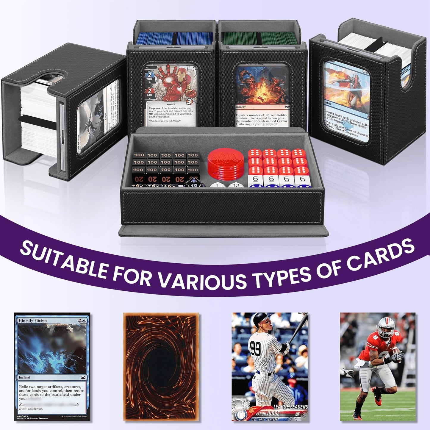 UAUZA Commander Deck Box for MTG, Holds 400+ Double-Sleeved Cards, Card Storage Case with Display Windows, Dice Tray & Handle, Trading Card Organizer with Dividers & Card Holders for TCG, Black Grey