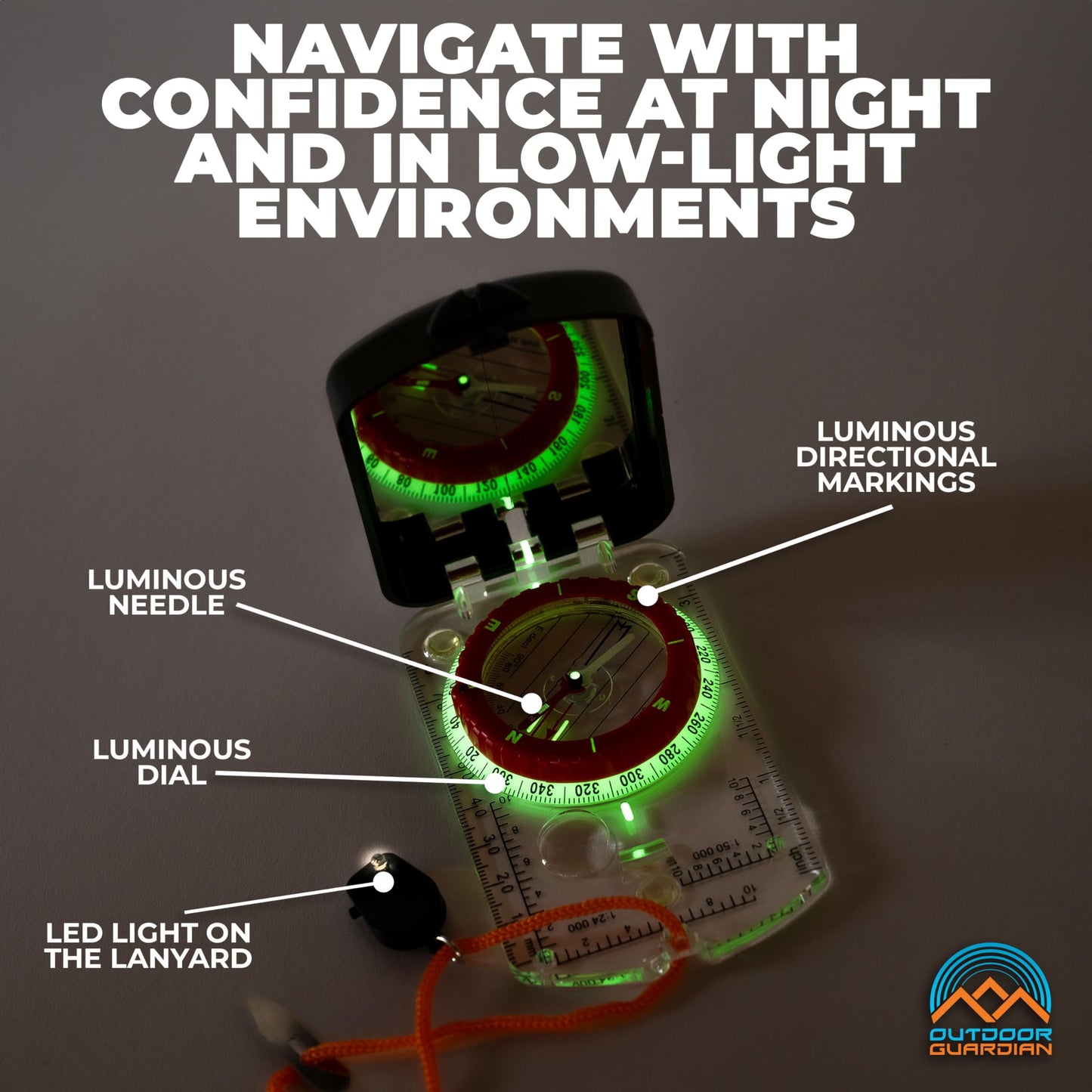 Outdoor Guardian Pathfinder Sighting Compass - Precise Navigation, Hiking and Orienteering Mirror Compass with Luminous Bezel, Adjustable Declination, Clinometer, LED and Survival Whistle, Scout Gifts