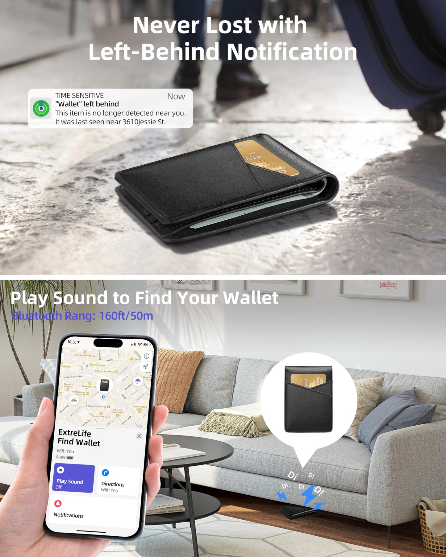 ExtreLife Mens Wallet with Smart Tracker, Genuine Leather Bifold Wallet, Works with Apple Find My, 10 Card Slots, Money Pocket, ID Window, RFID Blocking, GPS Wallet Tracker, Gift Box, Black