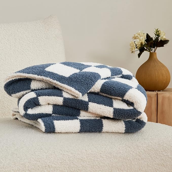 CozeCube Checkered Blanket, Ultra Soft Cozy Blue and White Throw Blanket, Warm Cozy Knit Fuzzy Plush Checkerboard Throw for Couch Bed Sofa, 60"x80"
