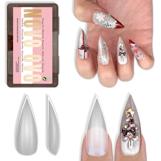 NOVO OVO Sharp Stiletto Pointed Medium Long Nail Tips Press on, Soft Gel Double Matte Clear Fake Nail Extension, Full Cover False Nails for Salon DIY x 16 Sizes 224 pcs