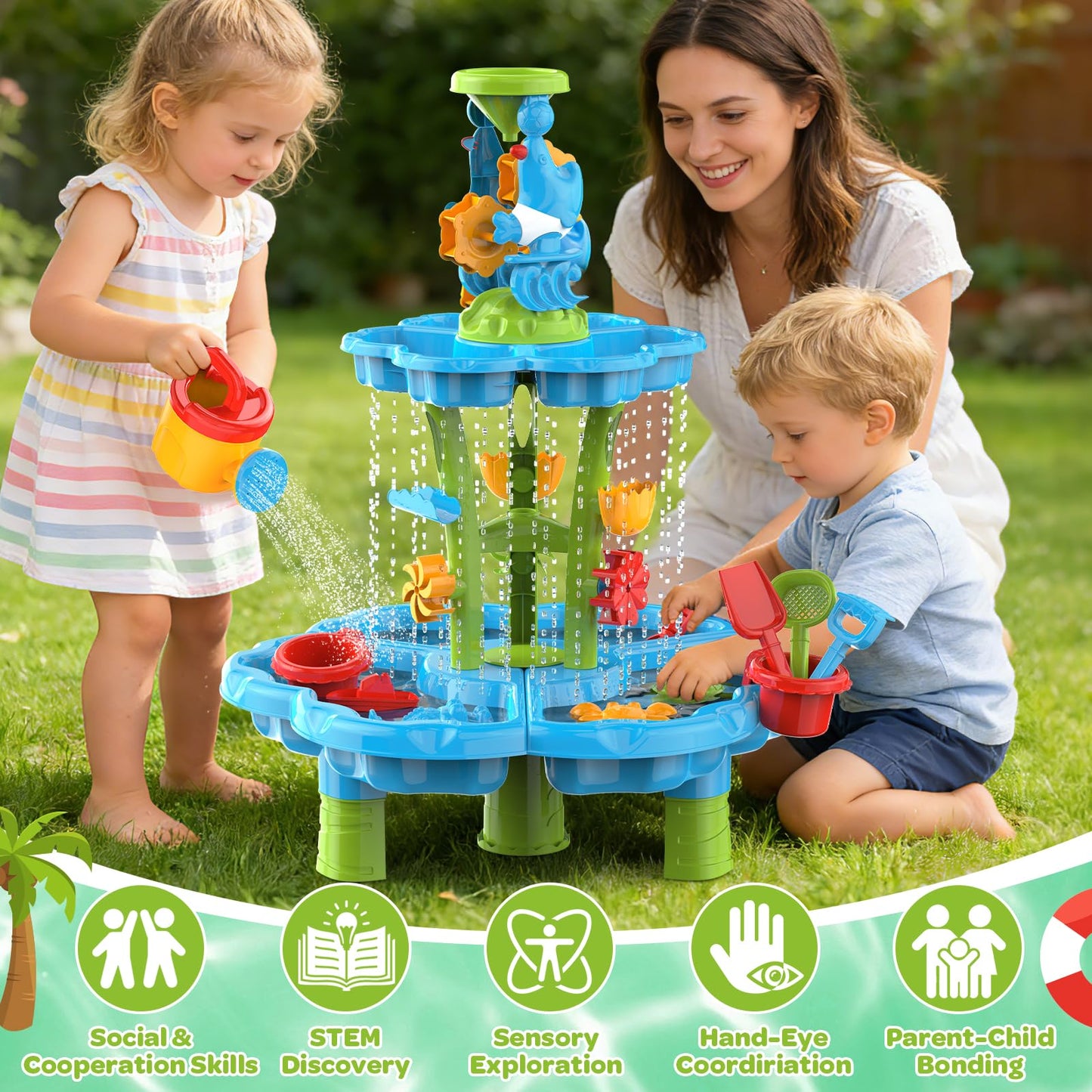 JSDOOGOO 3-Tier Kids Toddlers Water Sand Table - Multifunctional Summer Outdoor Toys with Stable Design,Sensory Learning Backyard Poolside Beach Activity Playset Gift for Boys Girls(Azure)
