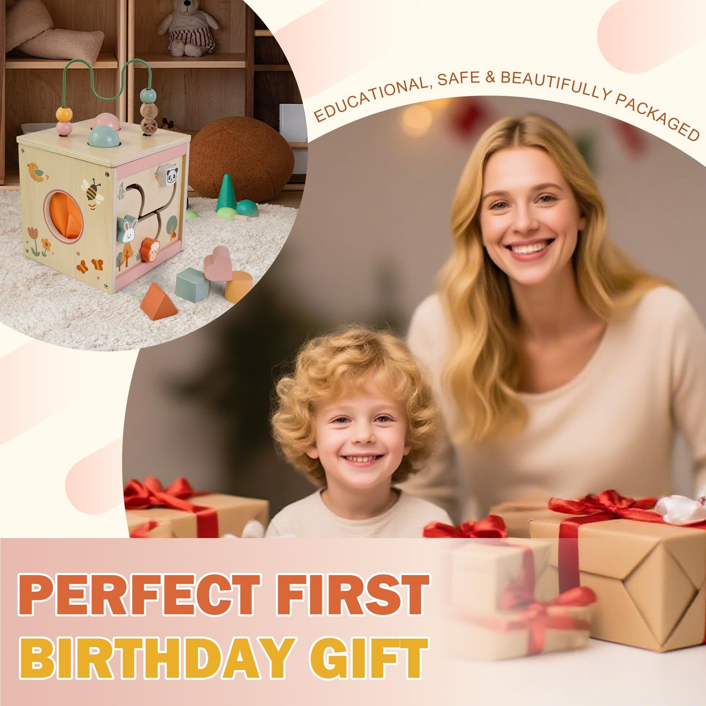 MILEFUN Wooden Activity Cube for 1 Year Old | 7-in-1,Montessori Baby Toys,Educational Toy for Toddlers, First Birthday Gift for Toddlers