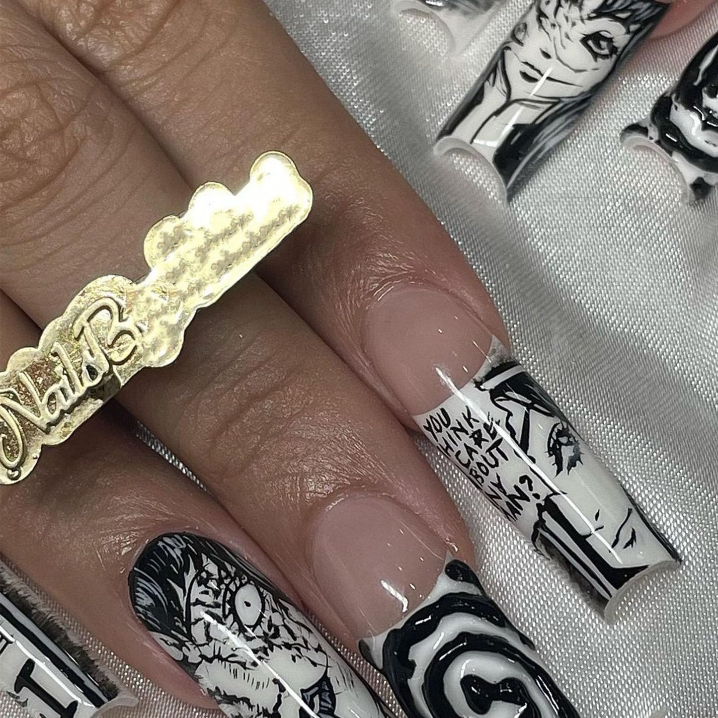 IMSOHOT Long Press on Nails Square French Fake Nails Y2K Black Cartoon Graffiti False Nails Glossy Ballerina Full Cover Acrylic Nails 24pcs