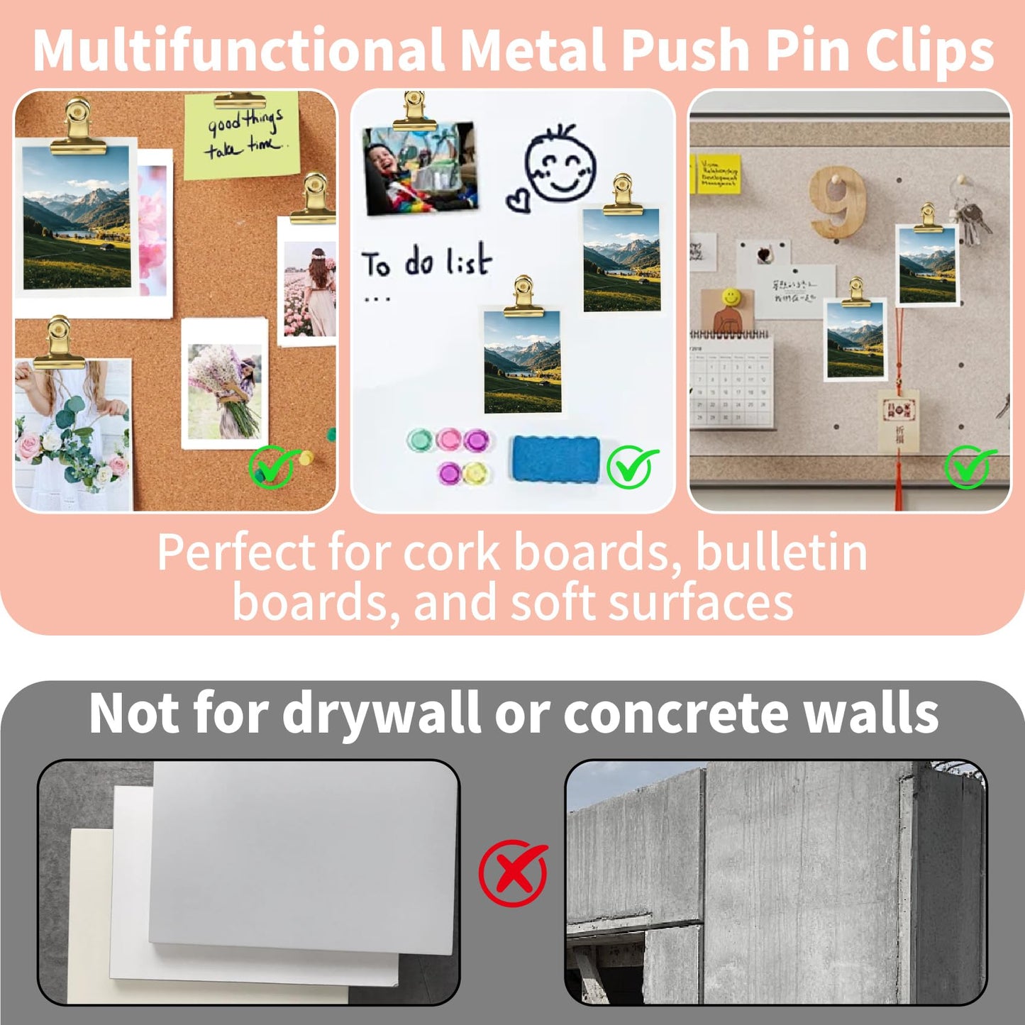VYNFLICK Gold Push Pin Clips - 40 Pack Thumb Tacks with Metal Clips for Cork Board Bulletin Board, No Hole Paper Clips for Photos Notes Documents, Decorative Office School Supplies