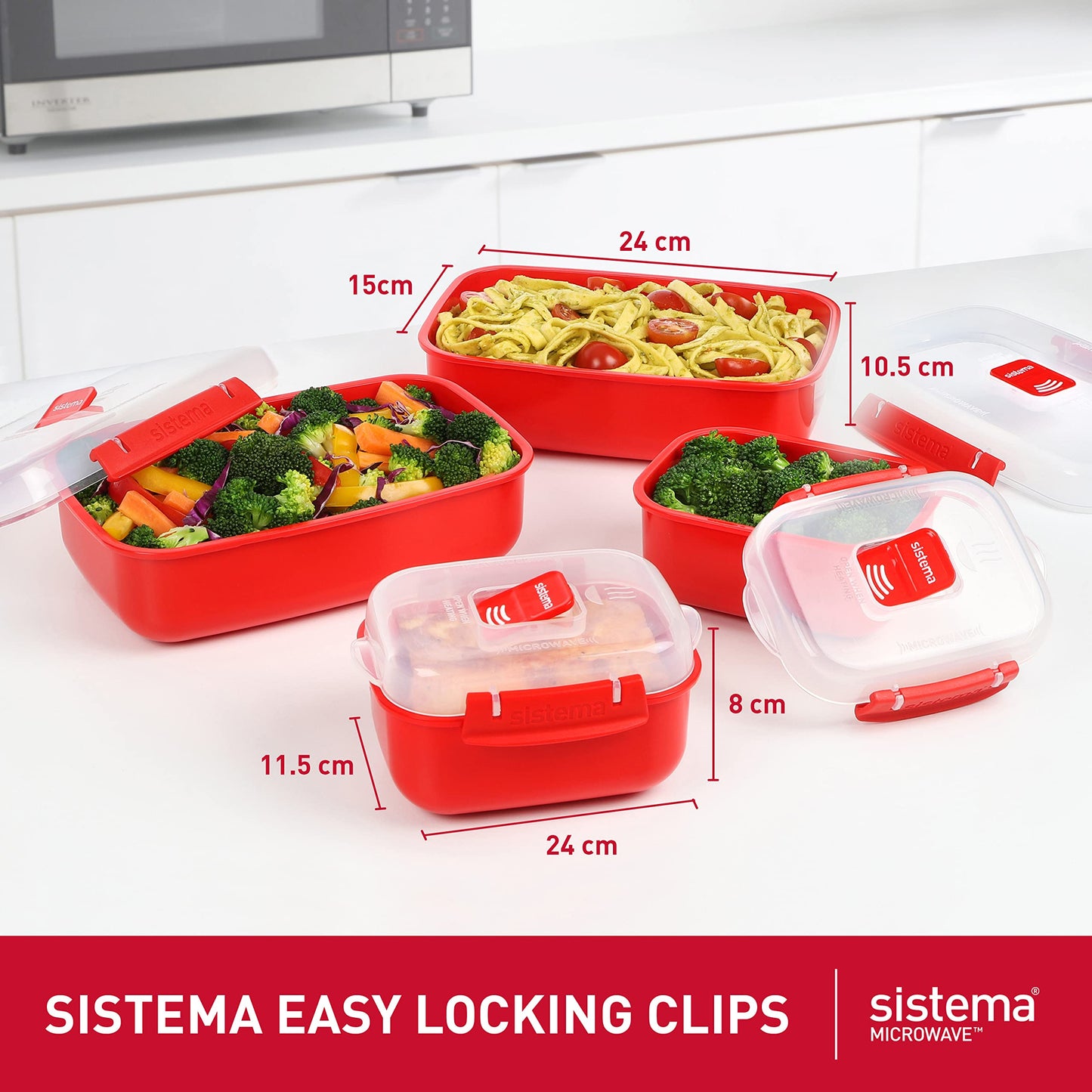 Sistema Heat & Eat Microwave Container Set, 4 Rectangular Microwaveable Food Containers with Lids & Steam Release Vents, Dishwasher & Freezer-Safe Food Storage, 2 x 1.25L & 525mL Sizes, BPA-Free