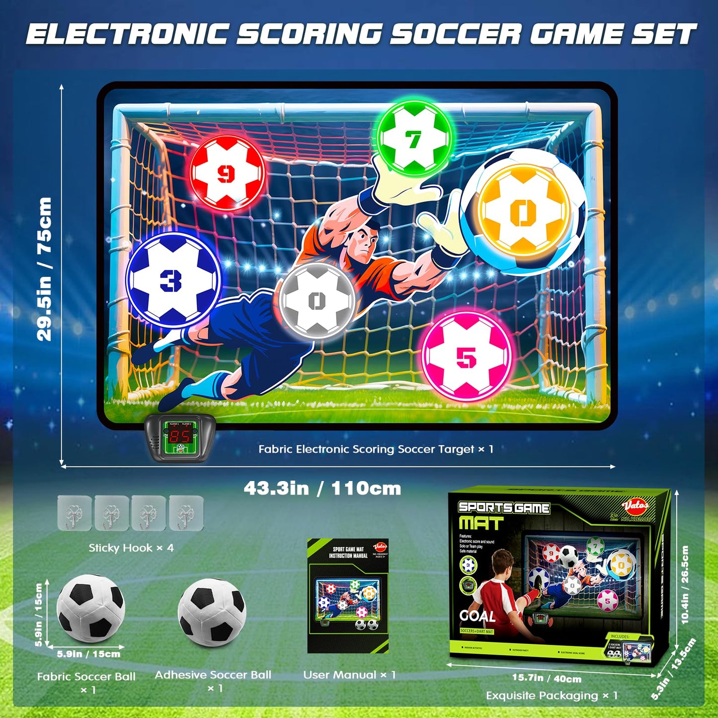 VATOS Electronic Scoring Soccer Toy Game Set for Kids, Indoor Outdoor Soccer Training Target with Real-Time Scoring, 2 Modes, Fabric Goal and 2 Soft Balls, Fun Sport Birthday Ages 3+