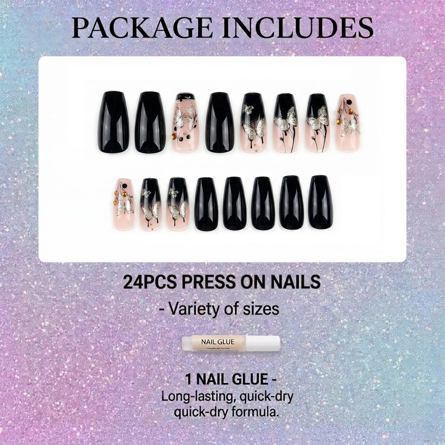 IMRAIN Coffin Press on Nails, Medium Fake Nails, Glitter Butterfly Design, 24 Pcs Reusable Glue on Nails for Women, Salon Quality