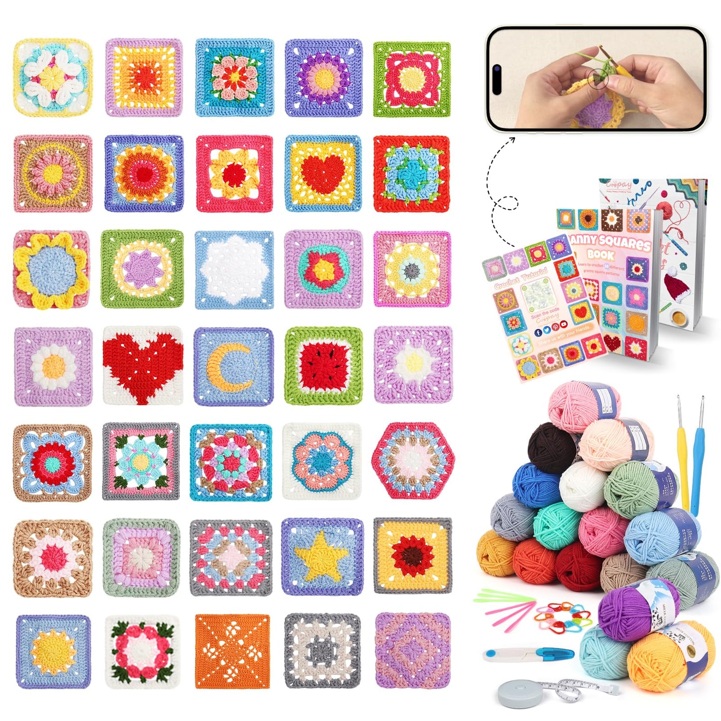 Coopay Crochet Kit for Beginners, Granny Square Crochet Kit with 2 Crochets Book & Video Card, Crochets Starter Kit for Adults Learn to Knitting, Granny Square Card Deck - 50 Mix & Match Designs