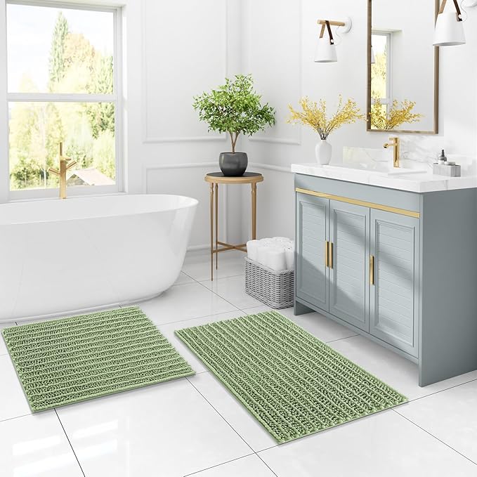 Arotive Luxury Chenille Bathroom Rug Mat, Extra Soft Thick Absorbent Shaggy Bath Rugs, Non-Slip Machine Wash Dry, Plush Bath Mats for Bathroom, Shower and Tub, 44x24, Sage Green