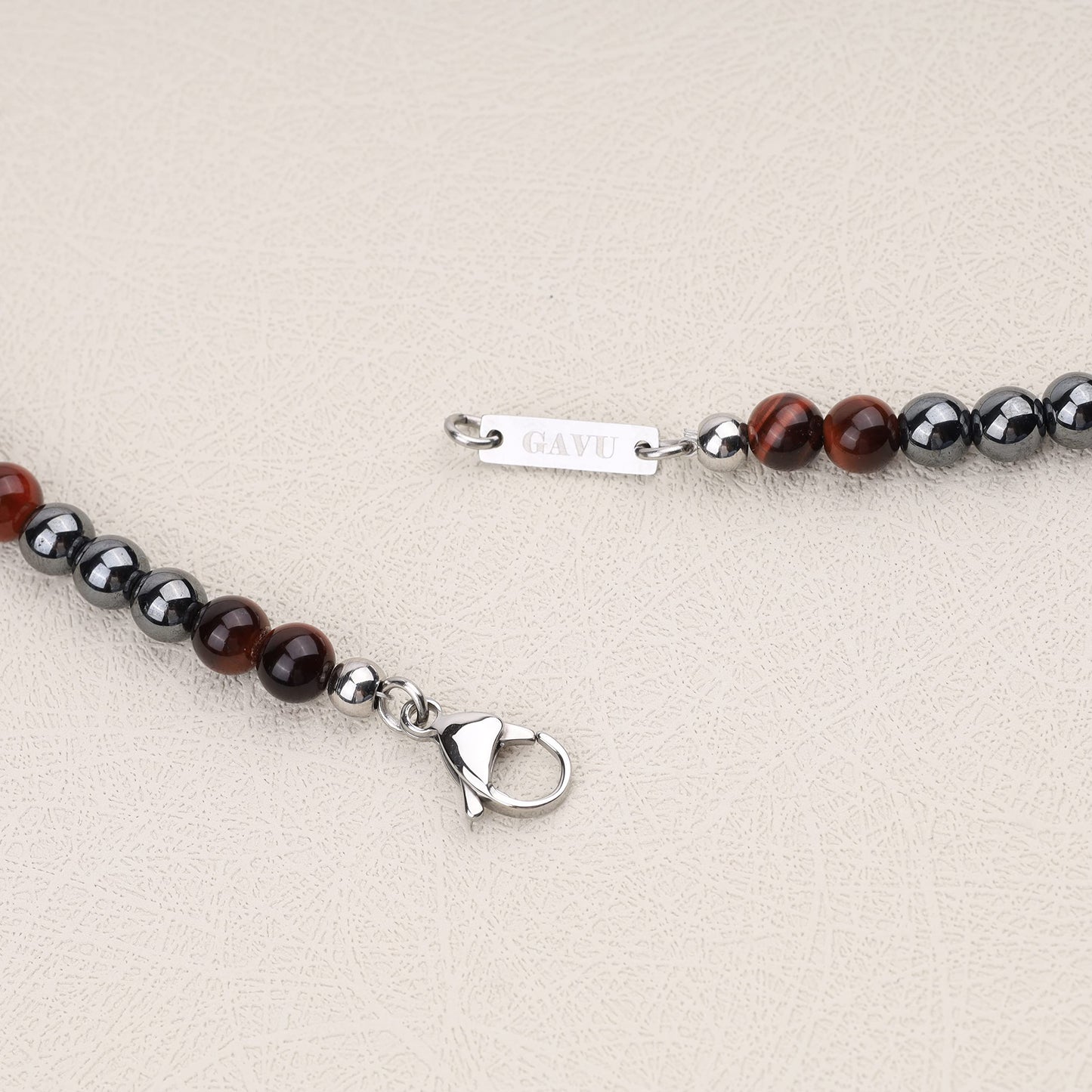 GAVU Stone Beaded Hematite Red Tiger Eye Necklace for Men 24"