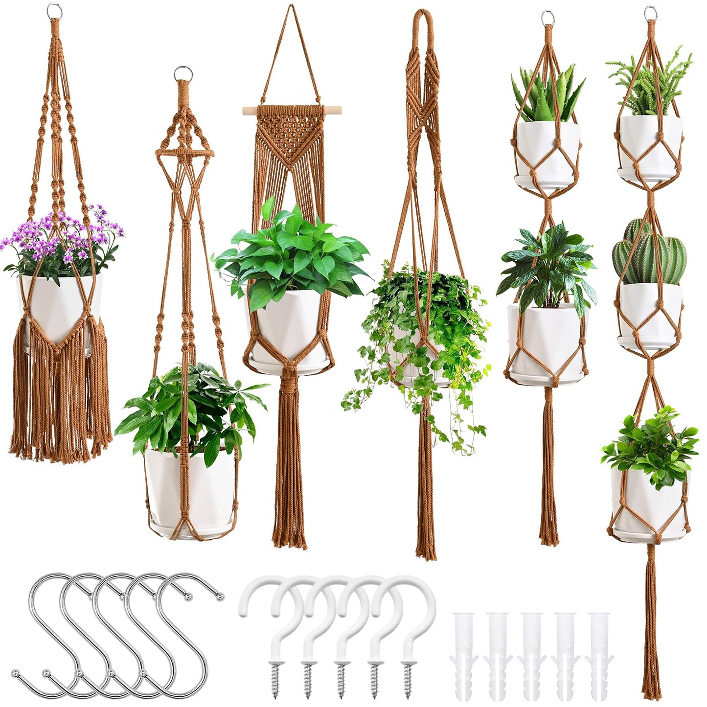 SFENNGPET Macrame Plant Hangers, 6Pack Hanging Planters for Indoor Plants w/ 6 Set Hangers Kit Handmade Macromay Plant Hangers Indoor Flower Pots Holder Stand for Boho Home Décor (POTS NOT Included)