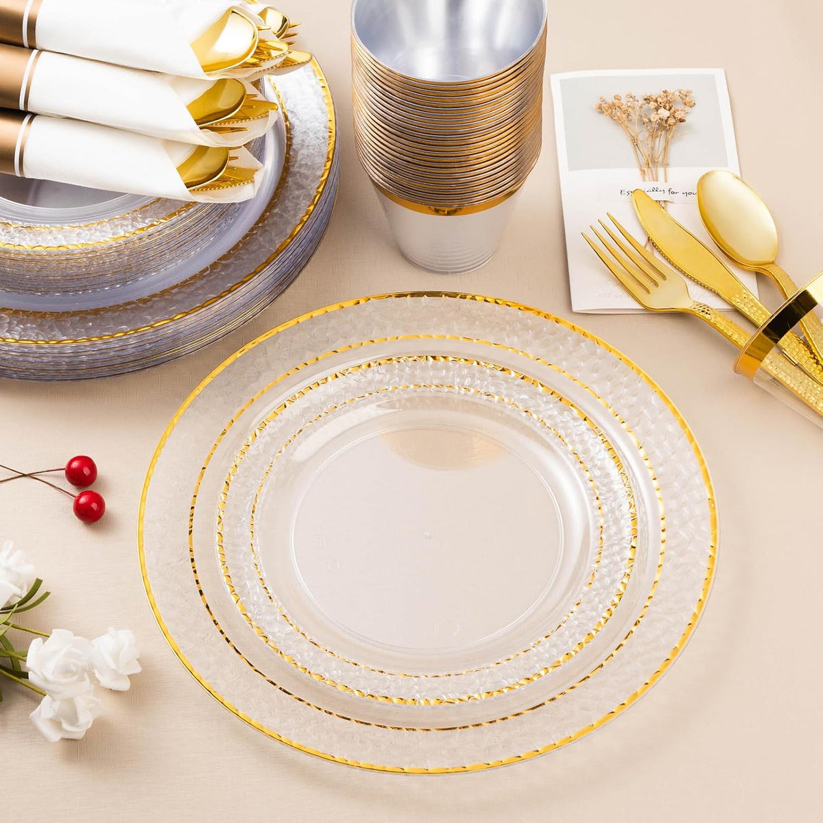 350PCS Clear Plastic Plates with Gold Trim for 50 Guests, Disposable Dinnerware Set for Party & Wedding, Includes 100 Plastic Plates, 50 Pre Rolled Napkins with Gold Silverware, 50 Cups