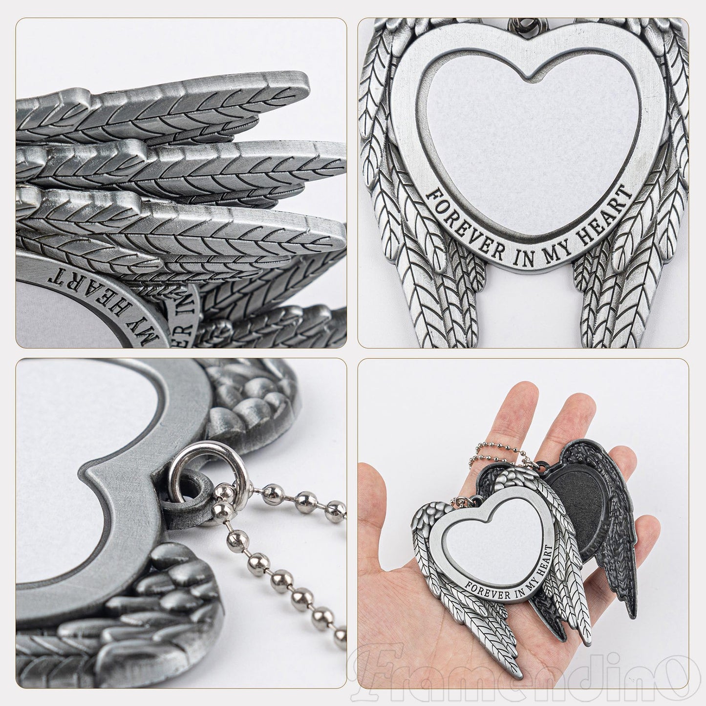 Framendino, 4 Pack Silver Angel Wing Pendant Love Heart Personalized Car Hanging Ornament with Sublimation Blank Heat Transfer Photo for Home Window