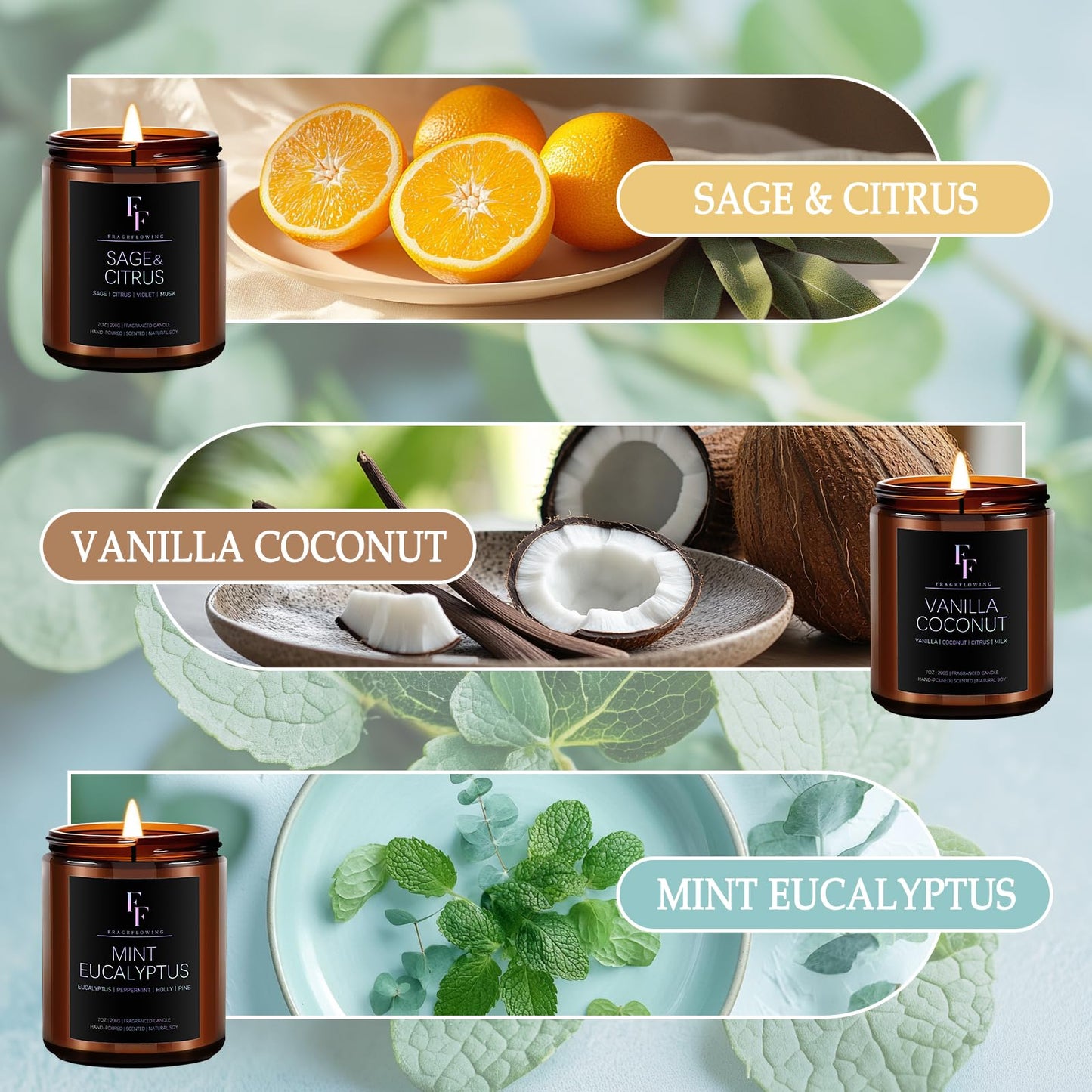 Scented Candles Set, Soy Wax Candles 6 Pack 42 Oz Aromatherapy Candles Gift Set for Women Men (Sage/Vanilla/Lemon/Sandalwood/Mint/Rose)