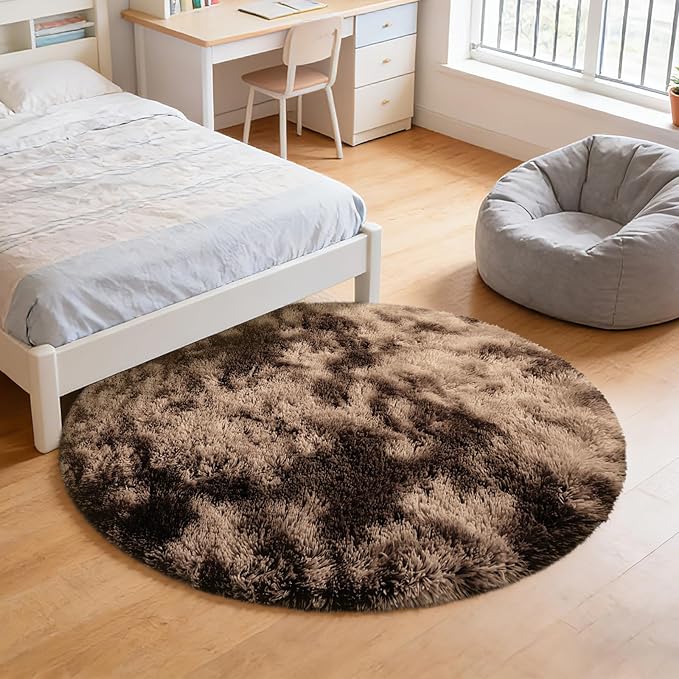 Tie-Dyed Coffee Fluffy Round Rug,Soft Area Rugs for Girls Room,Shaggy Rugs 4'X4' for Living Room,Non Slip Circle Rug for Kids Bedroom,Shag Plush Nursery Carpets,Fuzzy Rug for Dorm,Room Decor Carpet