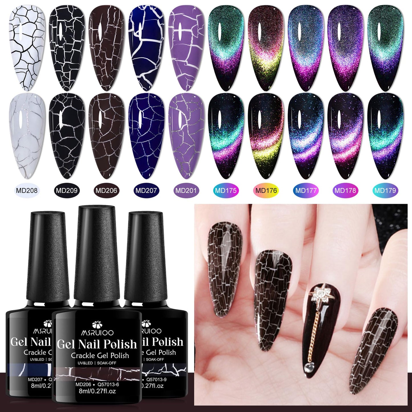 MSRUIOO 12PCS Crackle Gel Nail Polish + 9D Cat Eye Gel Polish Set Magic Black Crackle Nail Polish Magnetic Cat Eye Effect Manicure DIY Nail Art 10 Colors