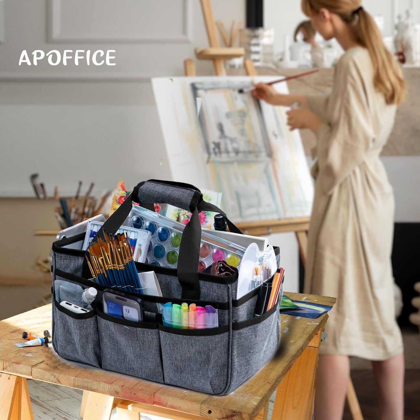 APOFFICE Art Supply Organizer Tote Bag – Craft Caddy with Handle, Utility Storage Tote with Multiple Pockets & Adjustable Divider for Sewing, Scrapbooking, School, Office, Medical Supplies