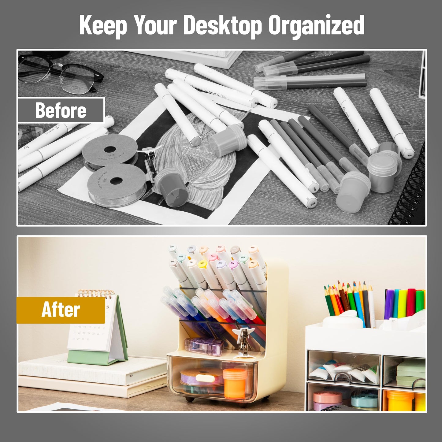Mind Reader Compact Craft Supply Organizer with Drawer, 6 Slanted Compartments, Non-Skid Feet, Desktop Storage for Markers, Pens, Tools & Art Essentials, Plastic, White