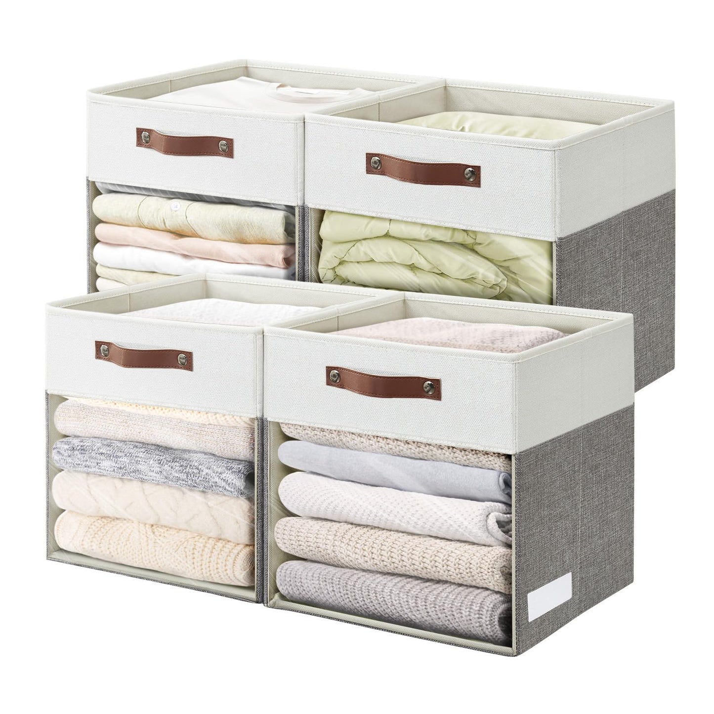 Bagnizer Storage Cubes, 4 Pack Linen Foldable Storage Bins (13 x 13 inch) with Clear Window and 2 Handles, Closet Organizers and Storage for Shelf Closet, Clothes, Books - (Gray and White)