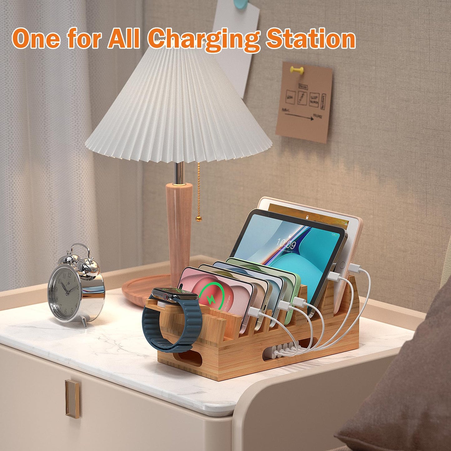 Pezin & Hulin Bamboo Charging Station Organizer for Multiple Devices & Wood Desktop Docking Charging Stand Such As Cell Phone, Tablets, Phone Case and Watch Stand(No USB Charger)