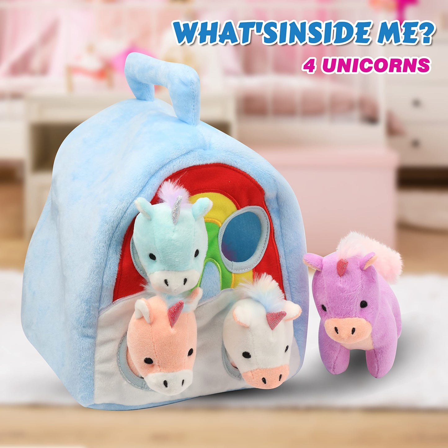 Hopearl Magic Unicorn House Interactive Plush Toy Set Fun Playhouse for Toddlers Early Learning Educational Gift for Kids Cute Pony Hide & Seek Game, 11''